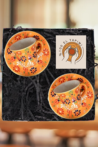 Janset Kütahya Handmade Tile Motif Embossed 2-Piece Coffee Cup Set - Shipped in Box
