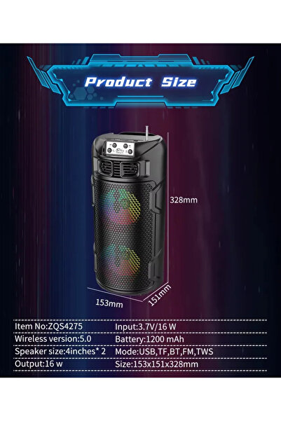 ZQS ZQS4275 Wireless Speaker – Bluetooth, FM Radio, USB/TF, SOLAR CHARGING, LED Lighting