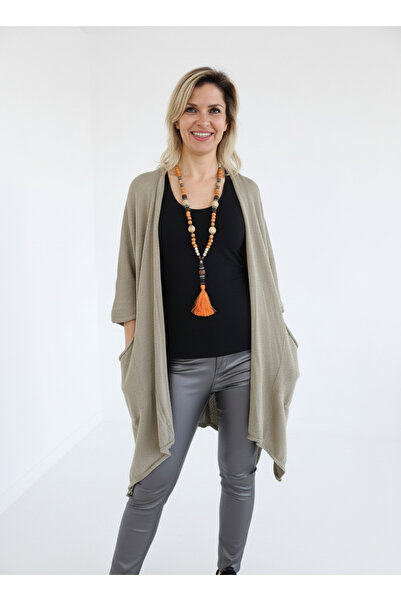 SHOPPEBUTİK Mink Color Knitwear Cardigan with Slit Pockets on the Sides