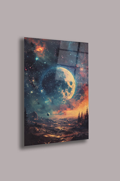 gxe.art Синя планета и гора 4 мм стъклен панел – фантастичен дизайн с UV печат