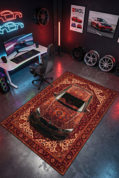 RUGRUMBA Kaymaz Taban Makinede Yıkanabilir Vintage Araba Desenli Gamer Genç O...