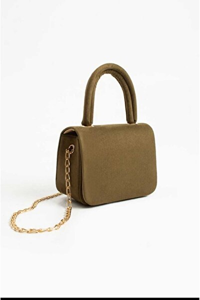 ÖZÜM TAKI Women's Suede Chain Strap Handbag and Shoulder Bag Khaki