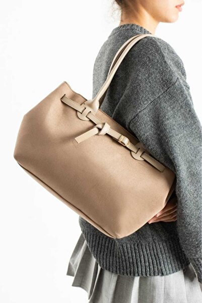 ÖZÜM TAKI Women's Suede Belt Detail Large Size Shoulder Bag Mink Color