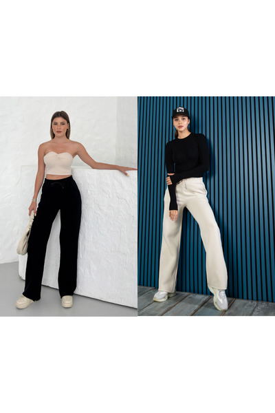 veres Women's Black and Beige Two-Piece High-Waisted Winter Fleece-Lined Wide-Leg Sweatpants with Stitched Cuffs