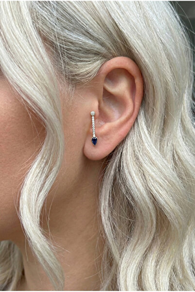 PRVT Lacivert Damla Taşlı Sallantılı Küpe / Kıkırdak Küpe – Kararmaz Çelik, Şık Kadın Küpe