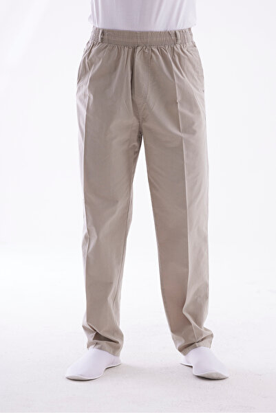 Beratnur Men's Light Beige Relaxed Fit Elastic Waist Linen Hajj and Umrah Pants