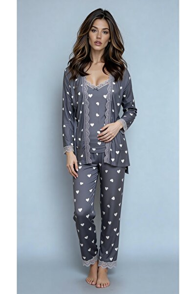 MAY Homewear Triple Bamboo Milan Fabric Lace Detailed Long Sleeve Dressing Gown Undershirt Colorfast Printed Pajama Set