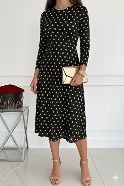 Kendinisevbutik Women's long sleeve crew neck polka dot knitted crepe midi dress