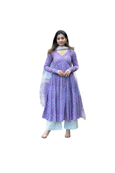 MYSMAR Purple Viscose Cotton Kameez Salwar & Dupatta - ALV2045 | Purple