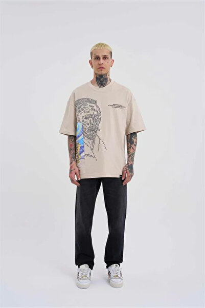 Machinist Men's Van Gogh Printed Oversized T-Shirt Beige