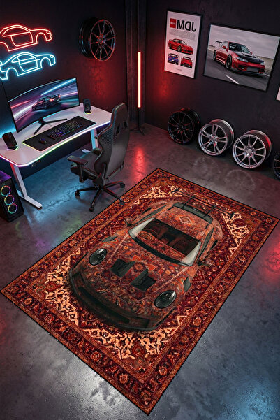 RUGRUMBA Kaymaz Taban Makinede Yıkanabilir Vintage Araba Desenli Gamer Genç O...