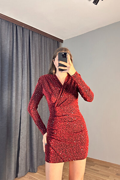 Sorridi Taşlı Vatkalı Kruvaze Yaka Eteği Asimetrik Mini Elbise