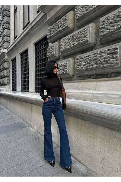 Diviny Γυναικείο τζιν παντελόνι με ψηλή μέση Navy Blue Trend καμπάνα