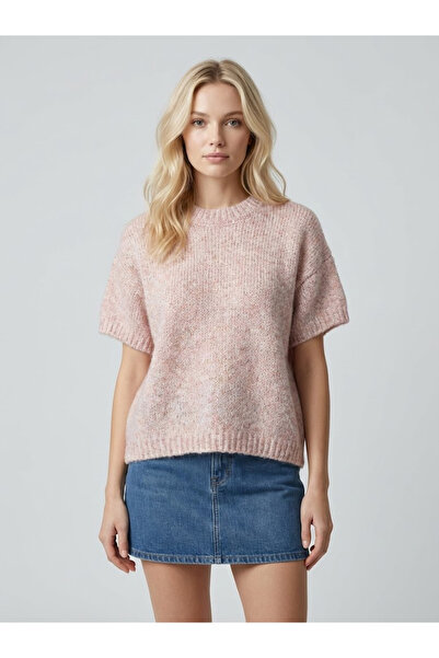 Qoolest Kadın Pudra Yumuşak Dokulu Yünlü Kısa Kollu Triko Kazak