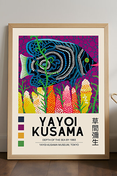 Duvarda Plakat Yayoi Kusame sa prirodnim drvenim okvirom, dekorativna umetnič...