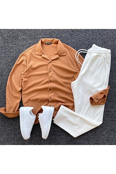 THANBUTİK 2-Piece Ottoman F Corded Fabric Fabric Regular Fit Men's Shirt Pant...