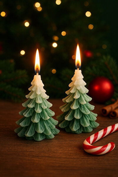 Cavelle İkili Yılbaşı Temalı Dekoratif Üzeri Karlı Çam Ağacı Mum