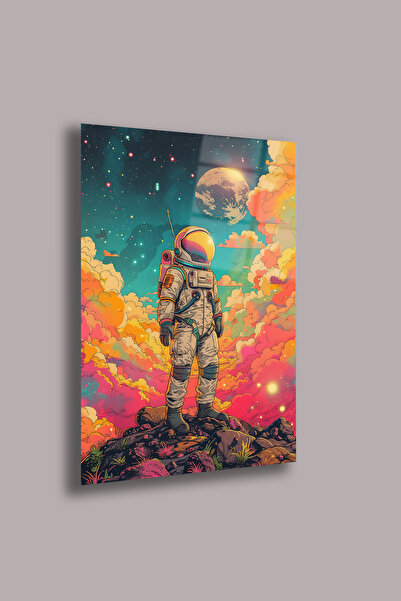 gxe.art Астронавт в цветни облаци 4 мм стъклен панел – Поп арт космос UV печат