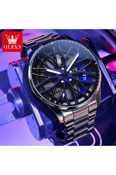 OLEVS ™ Men's Car Wheel-Shaped Watch with Caliper, Quartz, Metal Bracelet - Blue