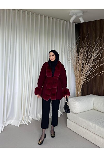 QALVE Kürk Detaylı Hırka Bordo