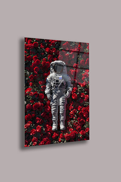 gxe.art Astronaut în interiorul trandafirilor roșii, pictură pe sticlă de 4 m...