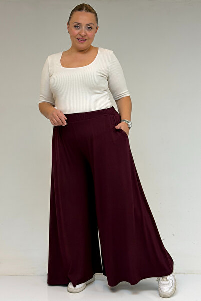 eslamood 49003 Plus Size Elastic Waist Combed Cotton Skirt Pants - Burgundy