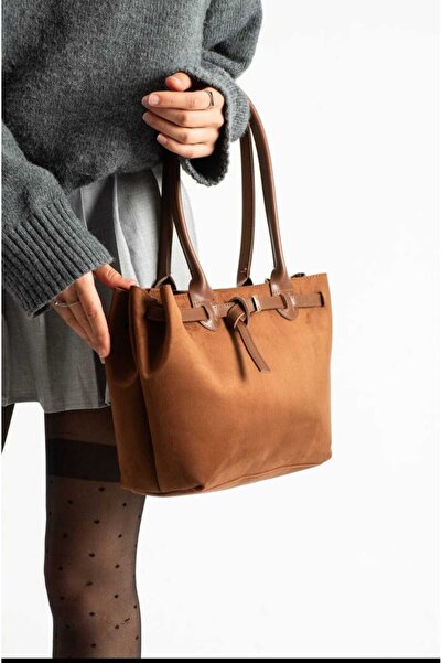 ÖZÜM TAKI Women's Suede Belt Detail Large Size Shoulder Bag Brown