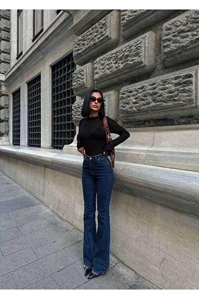 Diviny Γυναικείο τζιν παντελόνι με ψηλή μέση Navy Blue Trend καμπάνα