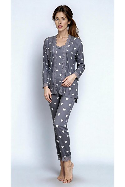 MAY Homewear Triple Bamboo Milan Fabric Lace Detailed Long Sleeve Dressing Gown Undershirt Colorfast Printed Pajama Set