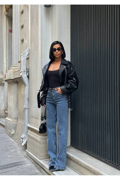 Diviny Γυναικείο παντελόνι με ψηλόμεσο μπλε χρώμα Snow Wash Regular Palazzo Jean