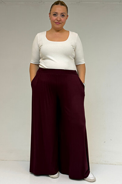eslamood 49003 Plus Size Elastic Waist Combed Cotton Skirt Pants - Burgundy
