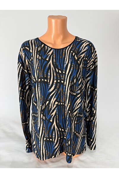 YAŞAR TRİKO Γυναικείο μπλουζάκι με πολύχρωμο σχέδιο με λαιμόκοψη σε σχήμα U με μακρύ μανίκι στο πλάι άνοιγμα Suede Mother Combed Cotton T-shirt