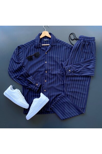 THANBUTİK طقم قميص وبنطلون مخطط من قماش الكريب مكون من قطعتين