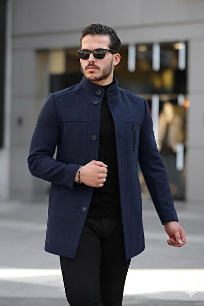 Jaglion Чоловічий зручний крій, вітрозахисний, на ґудзиках, довгий, темно-синій кашеміровий пальто