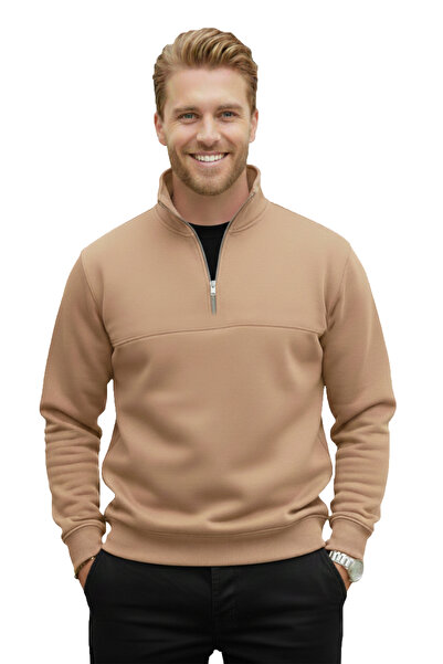 DeepSEA Men's Camel Relax Fit Fleece Inside 100% Cotton Half Zipper D Mock Neck Sweatshirt 2600760