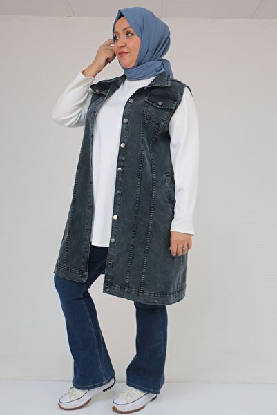 Eslina 44002 Plus Size Double Pocket Denim Vest - Snow Wash Black