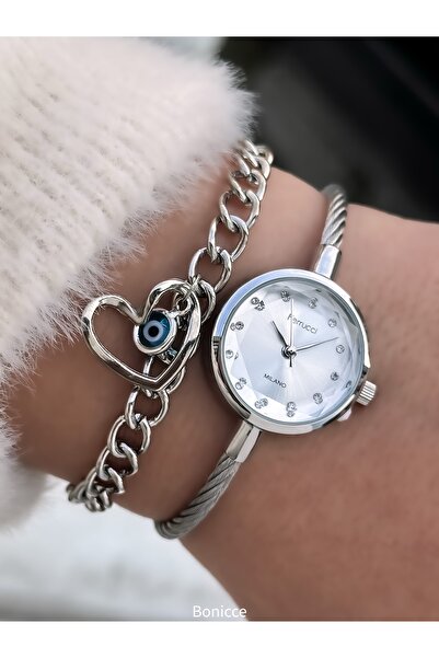 Ferrucci Women's Watch, Handcuff Steel Band, Silver Color. Vintage Mini Safe, Cut Glass, with Heart Bracelet Gift