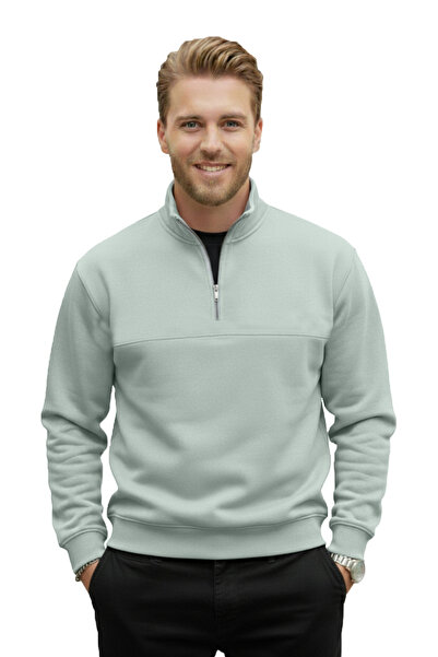 DeepSEA Men's Mint Green Relax Fit Fleece Lined 100% Cotton Half Zip D Mock Neck Sweatshirt 2600760
