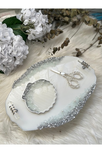 RESİNARTSHOP Epoksi Nişan Tepsi Seti taş+inci gümüş