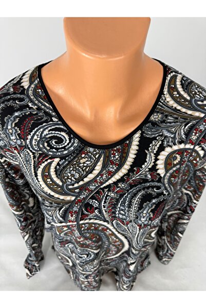 YAŞAR TRİKO Women's Multi-Colored Patterned U-Neck Long Sleeve Side Slit Suede Mother Combed Cotton T-Shirt