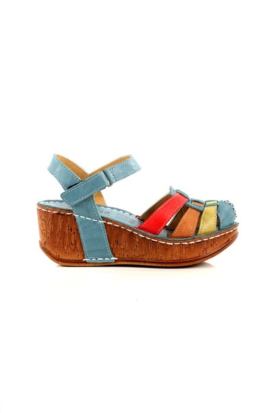 Modabuymus Soney Multi-Colored Blue Genuine Leather Sandals Closed-Front Wedge Heels Women's Shoes