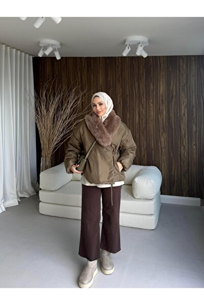 QALVE Palton cu detalii din blană, kaki