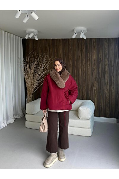 QALVE Palton cu detalii din blană, roșu claret