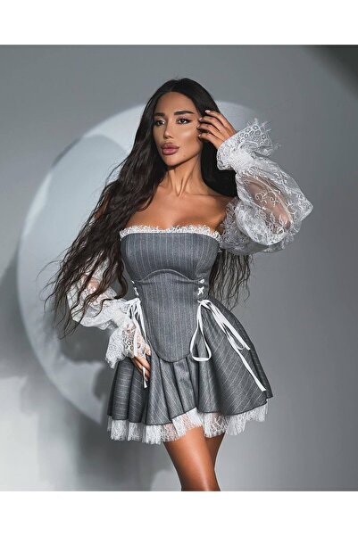 Friday Mood Women's Eyelet Corset Detailed Sleeves Lace Mini Dress