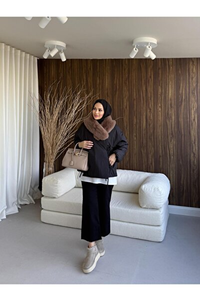 QALVE Fur Detailed Puffer Coat Black