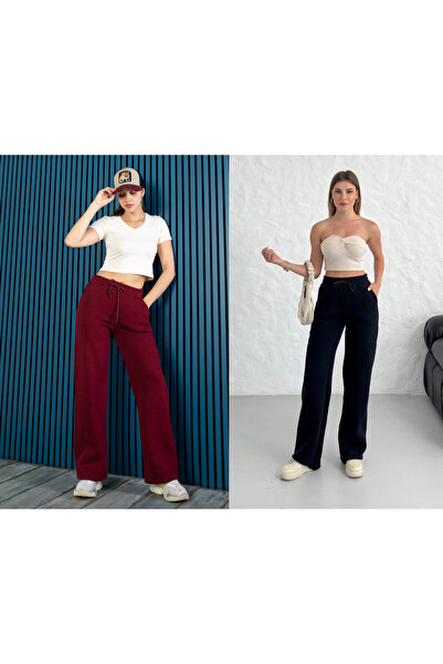 veres Women's Black and Burgundy Two-Piece High-Waisted Winter Fleece-Lined Wide-Leg Sweatpants with Stitched Cuffs