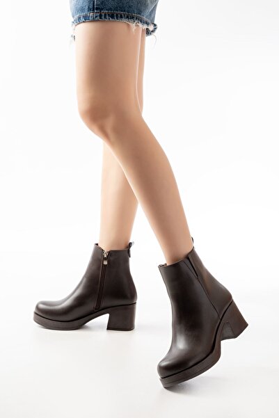 Zerenyus Zri̇n-3057 Premium Brown Elastic Zippered Thick Heeled Casual Women's Boots