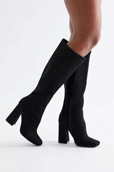 TrendyAnka Women's Suede Boots Side Zipper Square Toe Square 10cm Heeled Suede Boots Black