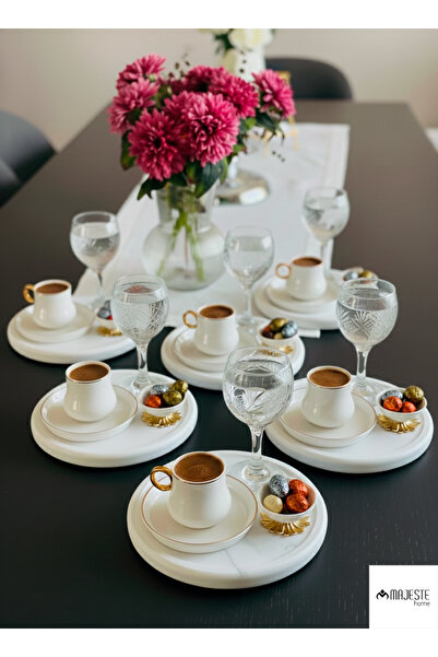 MajesteHome whiteSoft Kahve Sunum Tepsisi – Yuvarlak | BEYAZ Renk MDF | 20x20 cm tepsi kahve fincan 6^lı set