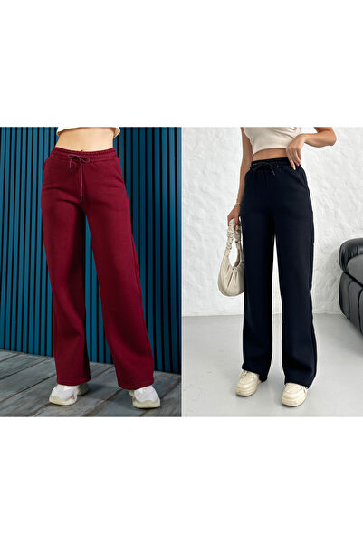 veres Women's Black and Burgundy Two-Piece High-Waisted Winter Fleece-Lined Wide-Leg Sweatpants with Stitched Cuffs